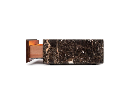 Emperador marble humidor, interior with oak drawers open