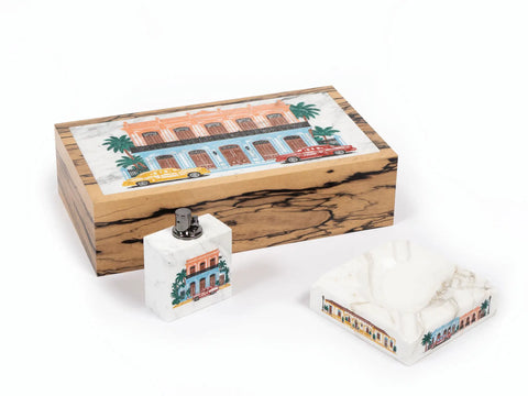 La Casona luxury humidor gift set, hand-painted Calacatta Oro marble, handmade in Italy