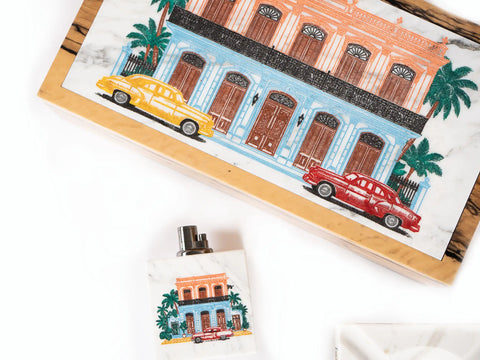La Casona humidor, lighter and ashtray displayed together