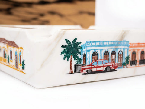 La Casona humidor detail, hand-painted marble bas-relief by Italian artisans