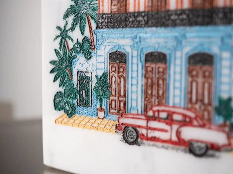 "La Casona" Limited Edition Table Lighter | White Carrara Marble & Hand-Painted Relief