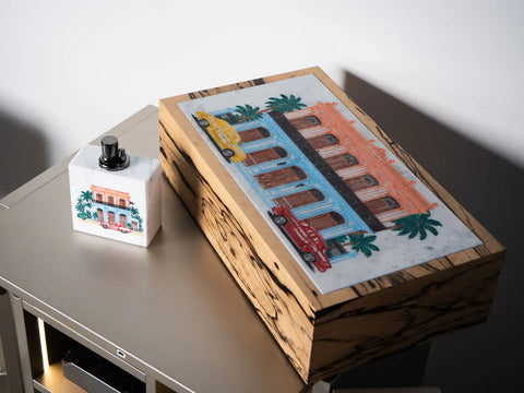 "La Casona" Limited Edition Table Lighter | White Carrara Marble & Hand-Painted Relief